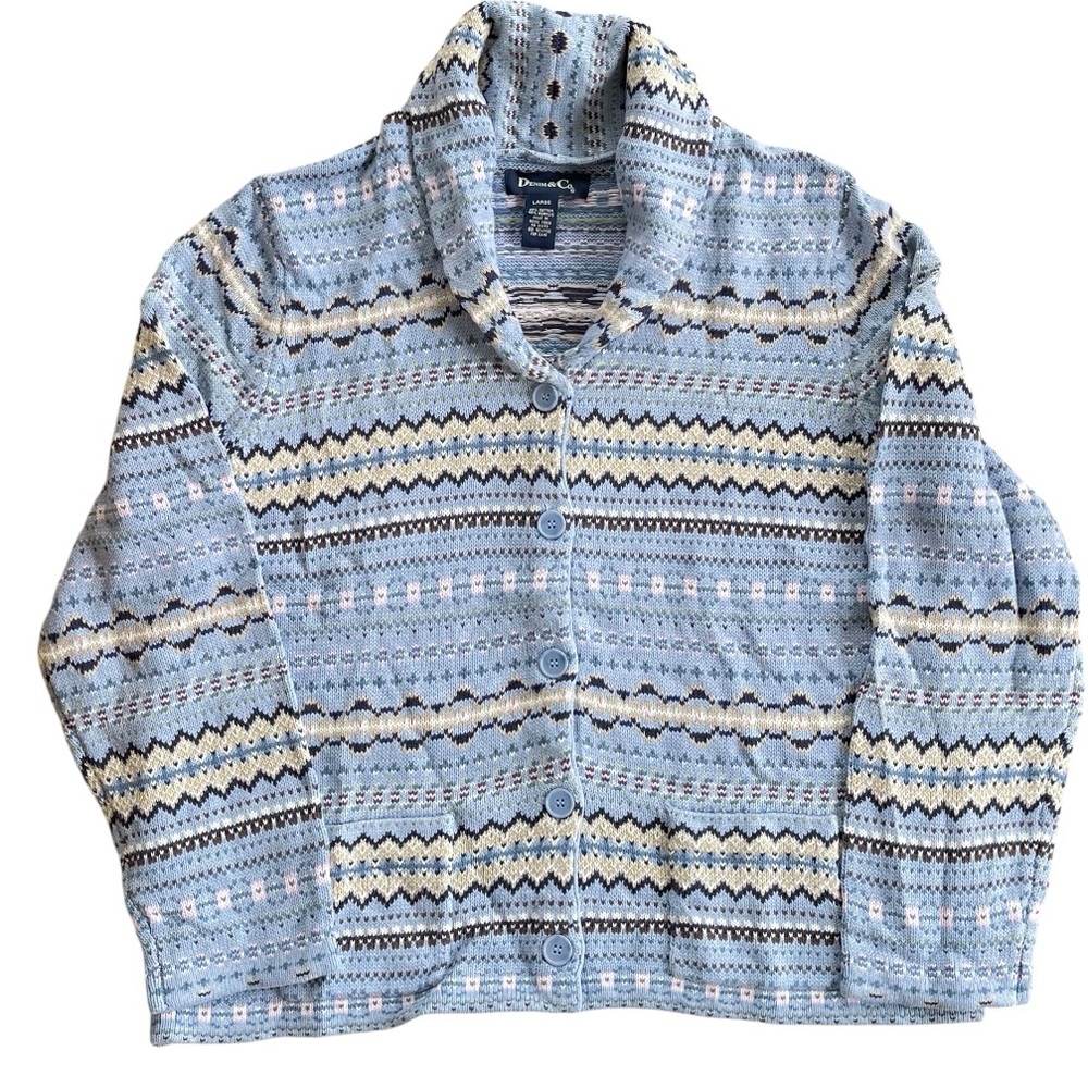 Denim & Co. Light Blue Multicolor Fair Isle Shawl Collar Knit Cardigan Sweater L - Picture 2 of 7